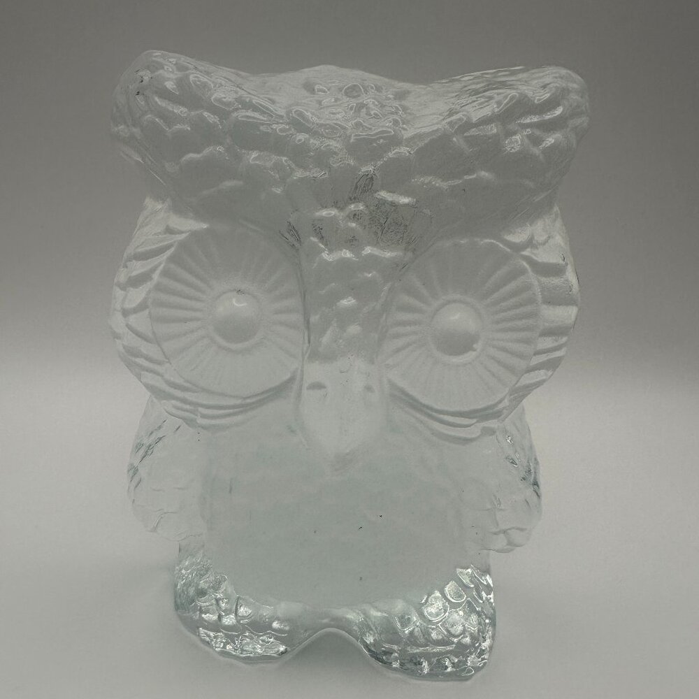 Vintage Viking Glass Owl Figurine Paperweight Original Sticker Handmade Clear